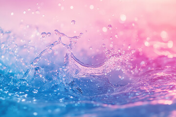 Poster - Colorful water splash in pink and blue gradient background. High-speed motion capture. Perfect for backgrounds, advertisements, and creative projects.