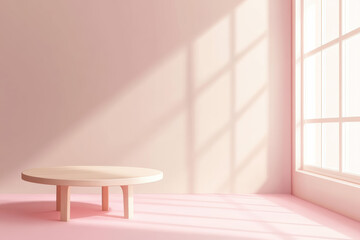 Poster - Minimalist pink room with sunlight casting window shadows on a wooden table, creating a serene and modern aesthetic for design inspiration.