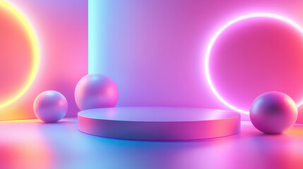 Poster - Vibrant abstract scene with neon lights, geometric shapes, and a glowing platform, offering a futuristic and dynamic visual experience in vivid colors.