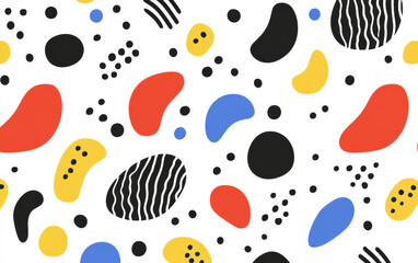 Poster - Colorful abstract pattern with bold geometric shapes in red, blue, yellow, and black against a white background creating a playful visual effect.