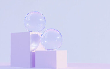 Poster - Abstract minimalist composition with transparent spheres on pastel geometric shapes. Soft pink and purple lighting creates a serene atmosphere.