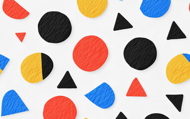 Poster - Colorful geometric shapes pattern with circles, triangles, and half-circles on a white background. Modern abstract design for creativity.