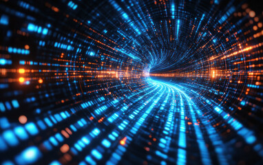 Wall Mural - Abstract digital tunnel with vibrant blue and orange lights representing data flow, speed, and technology in a futuristic cyberspace background.