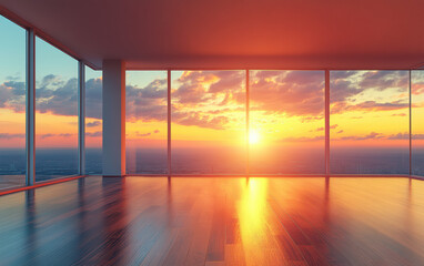 Poster - Stunning sunset view from a modern, empty high-rise apartment with floor-to-ceiling windows and sleek wooden flooring.