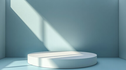 Poster - Minimalistic round podium in a softly lit room with diagonal shadows and muted colors, perfect for product display or promotional backgrounds.