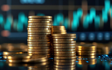 Stacks of golden coins in front of a fluctuating financial graph, representing economic growth and investment opportunities.