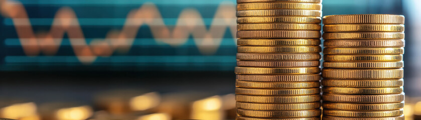Poster - Stacks of golden coins with a graph in the background, representing financial growth, investment opportunities, and economic success.