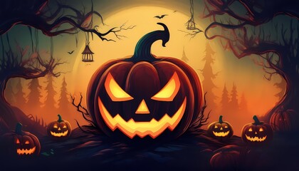 A spooky forest night with a haunted evil glowing eyes of Jack O' Lanterns on a scary halloween night