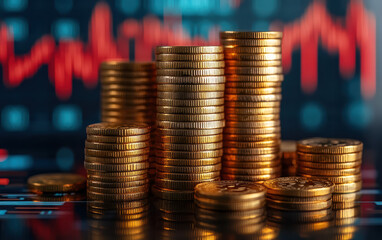 Stacks of gold coins on a digital financial chart background showcasing economic growth, investment opportunities, and stock market performance.