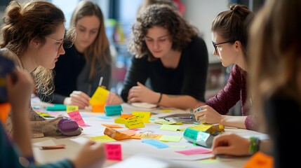 Wall Mural - Young women collaborating around a table with colorful sticky notes.