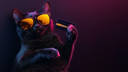 Wall Mural - black cat in sunglasses holding a credit card