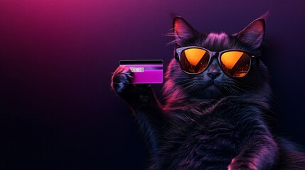  black cat in sunglasses holding a credit card