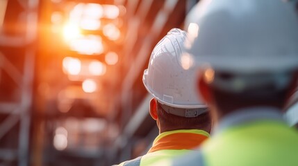 Construction workers wearing hard hats and visibility vests view the sunrise on-site, symbolizing a new day in construction, hard work, and the building of futures through team effort.