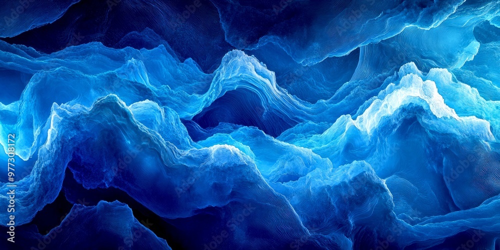 Explore the depths of blue waves and fluid patterns. This abstract ...