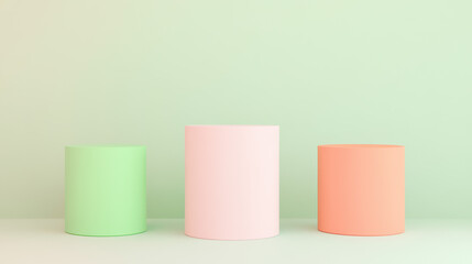 Poster - Minimalist pastel cylinders in green, pink, and orange against a soft background, perfect for design, art, and modern interior concepts.