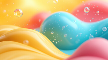 Poster - Abstract colorful background with fluid shapes and floating bubbles, showcasing a dynamic blend of yellow, blue, and pink hues.