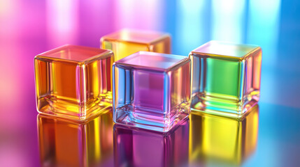 Poster - Vibrant multicolored glass cubes on reflective surface, illuminated with neon hues of pink, blue, green, and orange, creating a modern abstract visual.