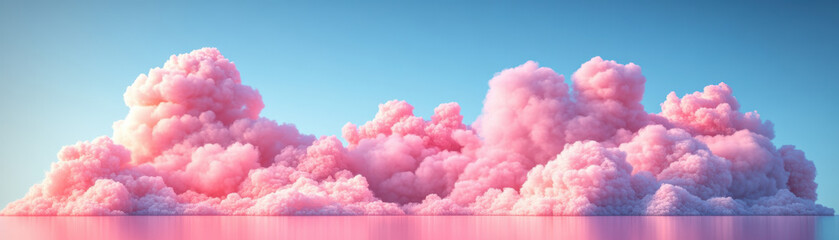 Wall Mural - surreal pink clouds floating over a calm reflective surface under a clear blue sky, creating a dream