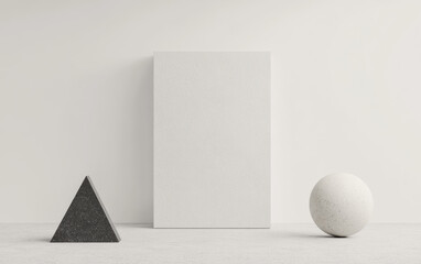 Poster - Minimalistic composition featuring a blank white canvas, a black triangular prism, and a smooth white sphere on a gray surface and neutral backdrop.