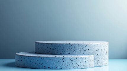 Poster - Minimalist blue terrazzo display stands on light blue surface with a subtle gradient background perfect for showcasing products or design presentations.
