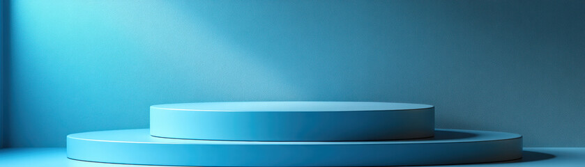 Poster - Minimalistic blue podium under soft lighting in a modern interior setting, perfect for showcasing products or creating artistic visual displays.