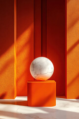 Poster - A minimalist scene with a marble sphere on an orange pedestal, highlighted by warm sunlight casting geometric shadows. Modern art and design concept.
