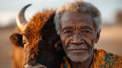 An elderly man in colorful attire reflectively rests beside a bison, captured in a warm and detailed environmental portrait that evokes heritage and connection.