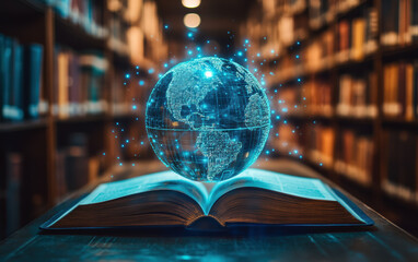 Poster - Glowing digital globe hovering over an open book in a library symbolizes global knowledge, technology integration, and advanced learning.