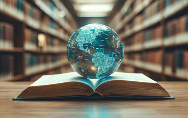Poster - Transparent digital globe hovering above an open book inside a library, depicting the fusion of technology and knowledge in a traditional learning environment.