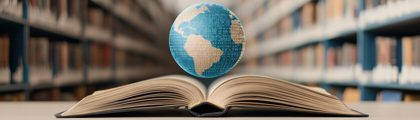 Poster - An open book in a library with a digital globe above it, symbolizing global knowledge and the intersection of traditional and digital learning.