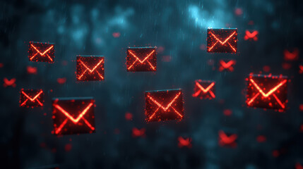 Poster - Glowing red envelopes representing digital email messages floating abstractly in a dark, rainy atmosphere, depicting cyber communication.