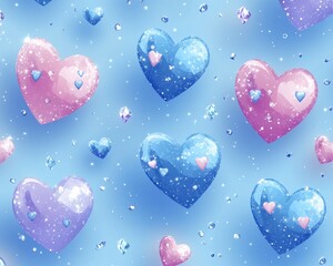 Wall Mural - Colorful hearts and gems pattern on a blue background.