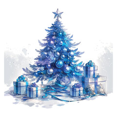 Wall Mural - A blue Christmas tree with a star on top and presents underneath. The tree is surrounded by boxes, and the overall mood of the image is festive and joyful