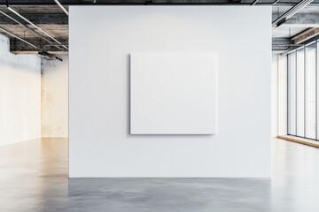 Poster - Empty, modern art gallery with white walls showcasing a blank square canvas. Minimalist exhibition space with large windows providing natural light.