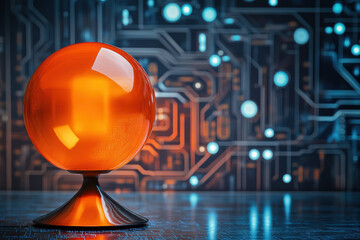Aufkleber - a captivating image of an abstract orange sphere set against a high-tech, futuristic circuit board b