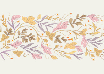 Wall Mural - retro colorful seamless horizontal border with detailed various foliage, intricate details and delic