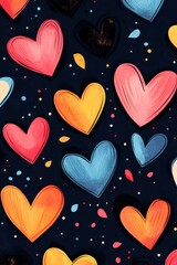 Sticker - Colorful hearts pattern on a dark background, ideal for decoration.