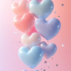 Poster - Colorful heart-shaped balloons floating against a pastel background.