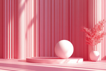Poster - Modern minimalist interior in pink tones featuring abstract shapes, round sculpture, and decorative plant. Soft shadows create a serene ambiance.