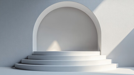 Poster - Modern minimalist architectural interior with a curved arch and layered steps, casting soft shadows under natural light for elegant decor inspiration.