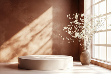 Poster - A minimalistic interior with a ceramic vase of white flowers, soft natural light, casting shadows on terracotta walls for a serene ambiance.