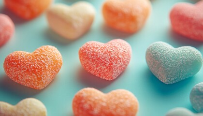 Poster - Colorful heart-shaped gummy candies arranged on a blue background.