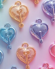 Wall Mural - Colorful heart-shaped keys arranged in a vibrant pattern.