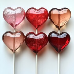 Colorful heart-shaped lollipops arranged in a playful display.