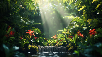 Sunlight filtering through lush, tropical rainforest with vibrant flowers and a serene, flowing stream, creating a tranquil natural scene.