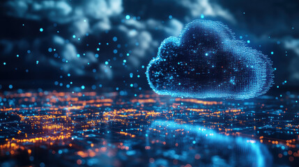 Aufkleber - A digital cloud composed of light points hovers above a cityscape illuminated by lights, symbolizing modern technology and connectivity at nighttime.
