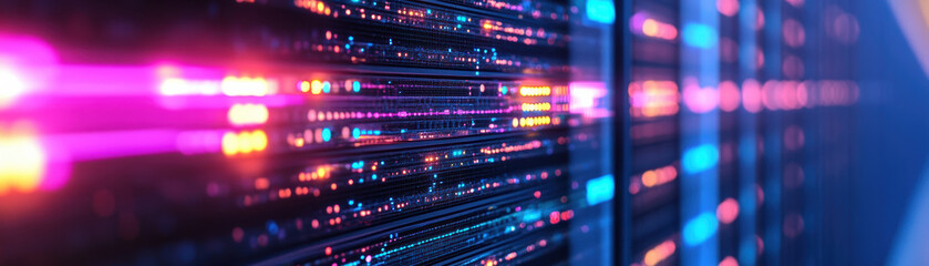 Poster - A close-up view of modern data servers with vibrant, colorful lights in a technology hub, showcasing the advanced infrastructure and glowing LED indicators.