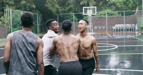 Canvas Print - Basketball, sports teamwork or celebration with jumping men after fitness goal success, training and exercise game on court. Slow motion, happy black people or winner friends in wellness rain workout