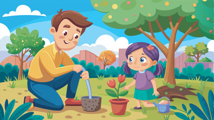 A father and daughter bond over gardening in a sunny setting with colorful flowers. The scene exudes vibrancy and family closeness amidst a variety of plants.