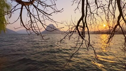 Canvas Print - The sunset over Ceresio Lake and Monte San Salvatore, Lugano, Switzerland